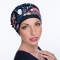 Bonnet chimio Macaron bouton - bonnet noir, bleu fleuri, rouge. Couleurs de bandeau identique